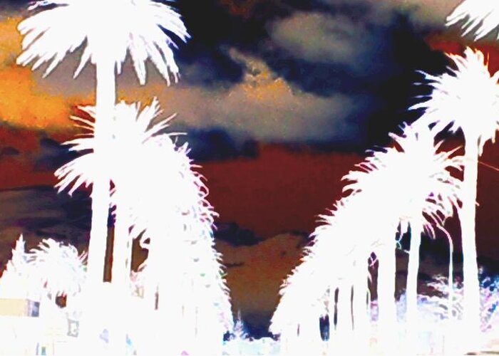 Los Angeles Usa Palm Tree Street Sky Abstract Dark Blue Red Black White Yellow Brown White Burgundy Mustard Silhouette Color Colour Mood Aaa lack & White Contrast Greeting Card featuring the photograph Moody Blues by Linda Hollis