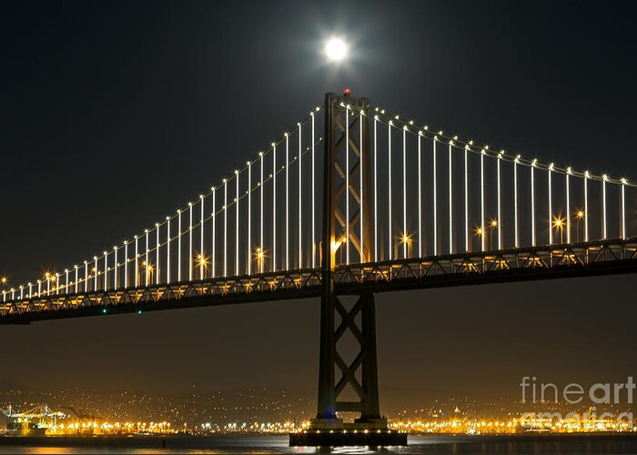 Bay Bridge Greeting Card featuring the photograph Moon Atop the Bridge by Kate Brown