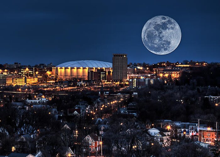 Carrier Dome Greeting Card featuring the photograph Moon Over the Carrier Dome by Everet Regal
