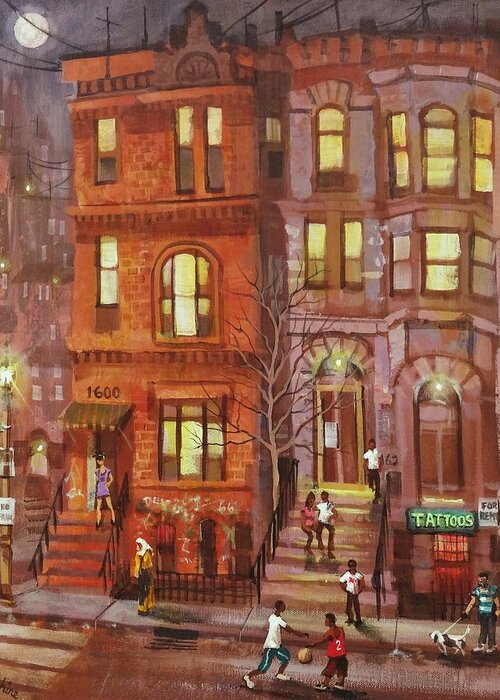  Brownstone Greeting Card featuring the painting Moon Over Third Street by Tom Shropshire