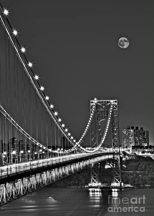 George Washington Bridge Greeting Card featuring the photograph Moon Rise over the George Washington Bridge BW by Susan Candelario