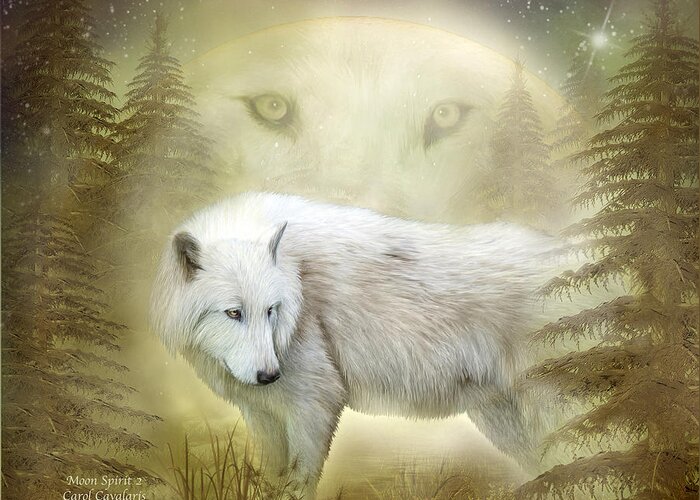 White Wolf Greeting Card featuring the mixed media Moon Spirit 2 - White Wolf - Golden by Carol Cavalaris