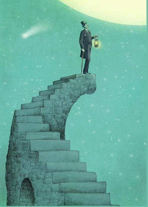 Moon Vintage Victorian Blue Green Stars Comet Top Hat Steps Staircase Astronomy Surreal Whimsical Dream Greeting Card featuring the drawing Moon Steps by Eric Fan