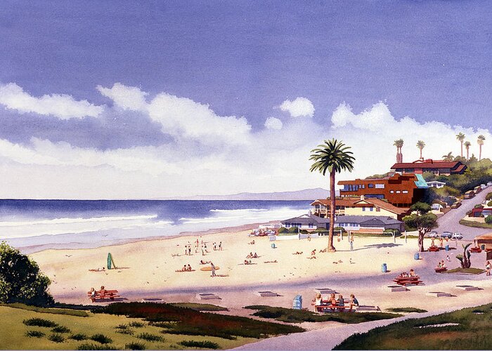 Beach Greeting Card featuring the painting Moonlight Beach Encinitas by Mary Helmreich