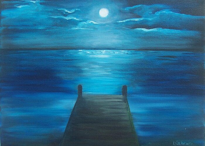 Moonlight Greeting Card featuring the painting Moonlit Dock by Linda Cabrera