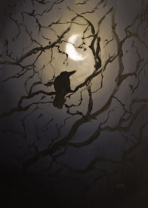 Raven Greeting Card featuring the painting Moonlit Perch by Melissa Herrin