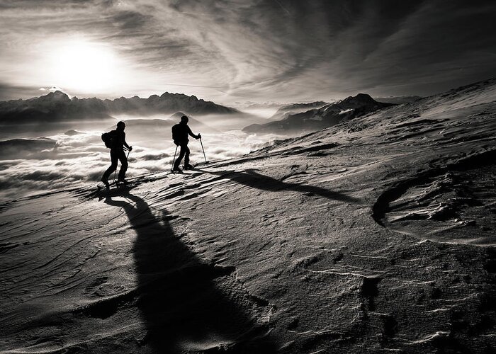 Skitouring Greeting Card featuring the photograph Moonwalkers by Sandi Bertoncelj