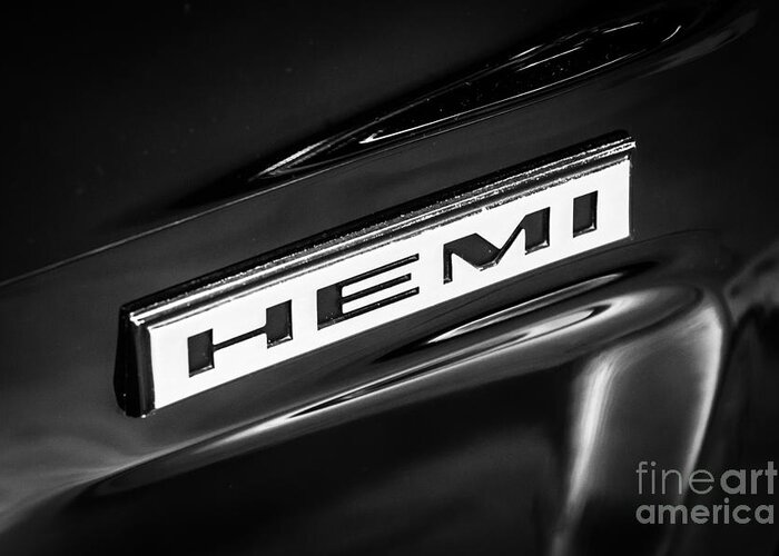 Chrysler Greeting Card featuring the photograph Mopar Hemi Emblem Black and White Picture by Paul Velgos