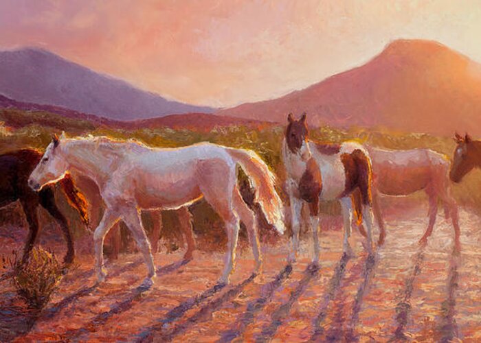 Arizona Art Greeting Card featuring the painting More Than Light Arizona Sunset and Wild Horses by K Whitworth
