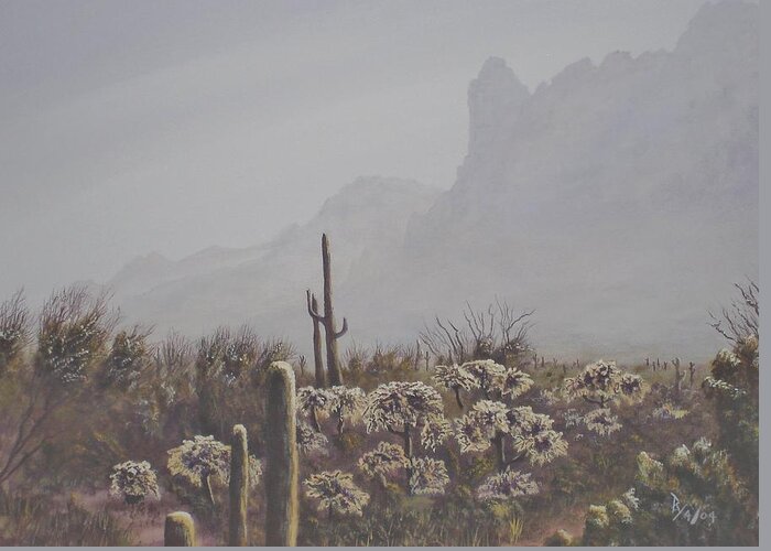 Acrylic Greeting Card featuring the painting Morning Desert Haze by Ray Nutaitis