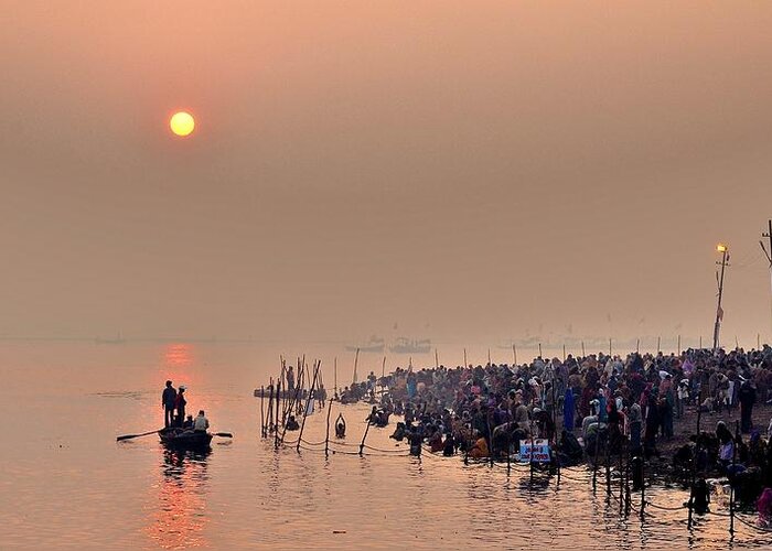 Ganges Greeting Card featuring the photograph Morning Haze on the Ganges - Kumbhla Mela - India by Kim Bemis