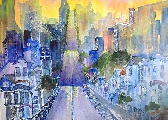 San Francisco Streets Morning Greeting Card featuring the painting Morning in the City by Esther Woods