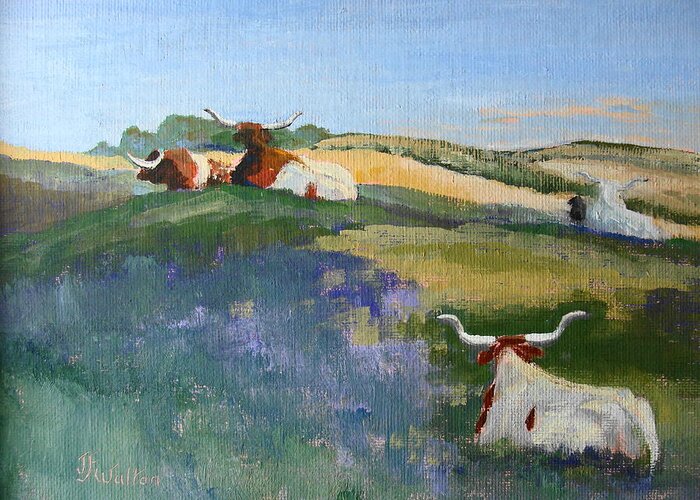 Sunning Longhorns Greeting Card featuring the painting Morning Solitude by Judy Fischer Walton