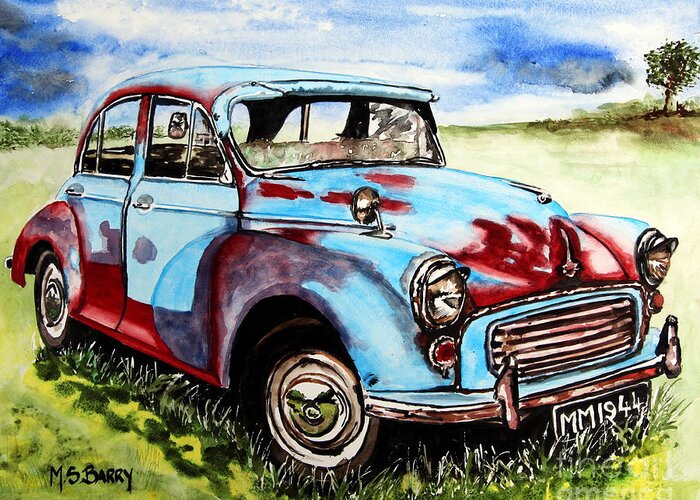 Morris Minor Greeting Card featuring the painting Morris Minor by Maria Barry
