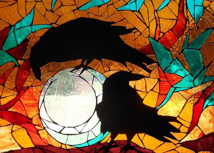 Crows Greeting Card featuring the glass art Mosaic Stained Glass- Crows by Catherine Van Der Woerd