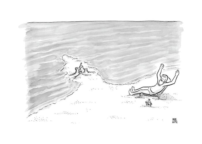 Captionless Greeting Card featuring the drawing Moses Is Laying On A Beach Chair Parting The Sea by Paul Noth