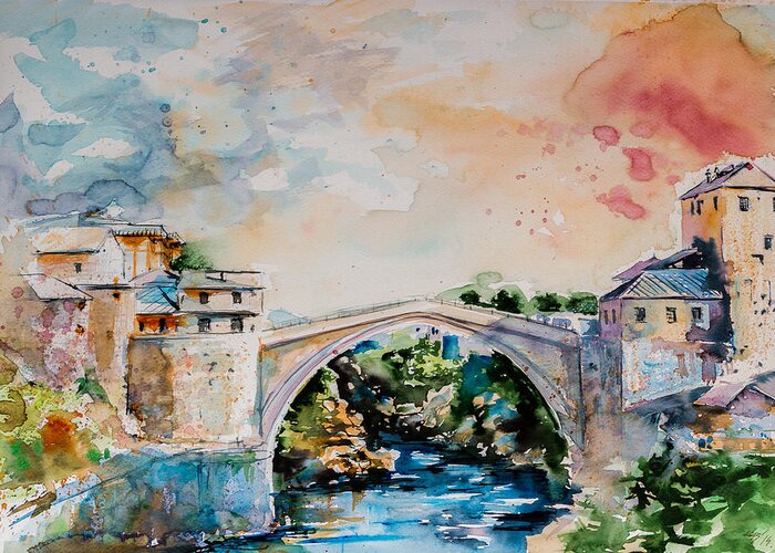 Mostar Greeting Card featuring the painting Mostar bridge by Kovacs Anna Brigitta