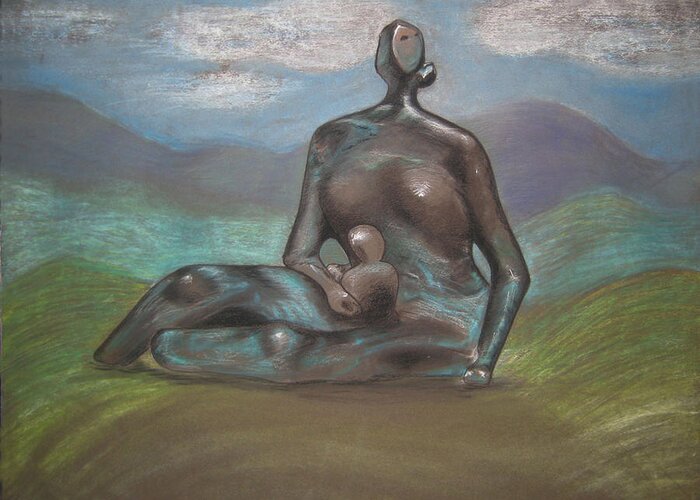 Expressionism Greeting Card featuring the drawing Mother and Child by Karen Coggeshall