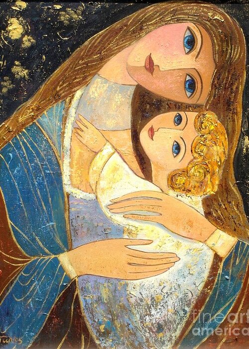 Mother And Golden Haired Child Greeting Card featuring the painting Mother and Golden Haired Child by Shijun Munns