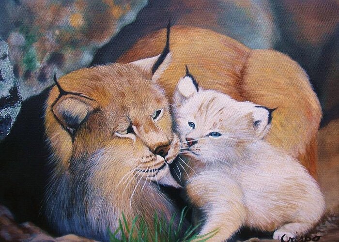 Cat Greeting Card featuring the painting Mother and kitten bobcat by Jean Yves Crispo