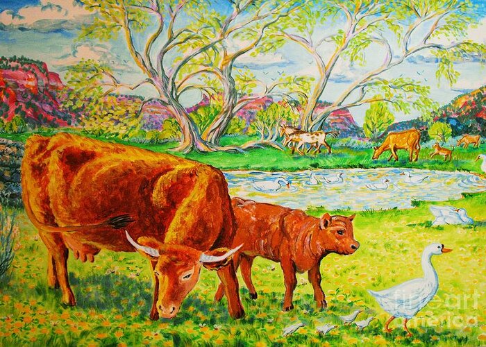  Copy Of Actual Painting Original For Sale From Artist Greeting Card featuring the digital art Mother Cow and Bull Calf by Annie Gibbons