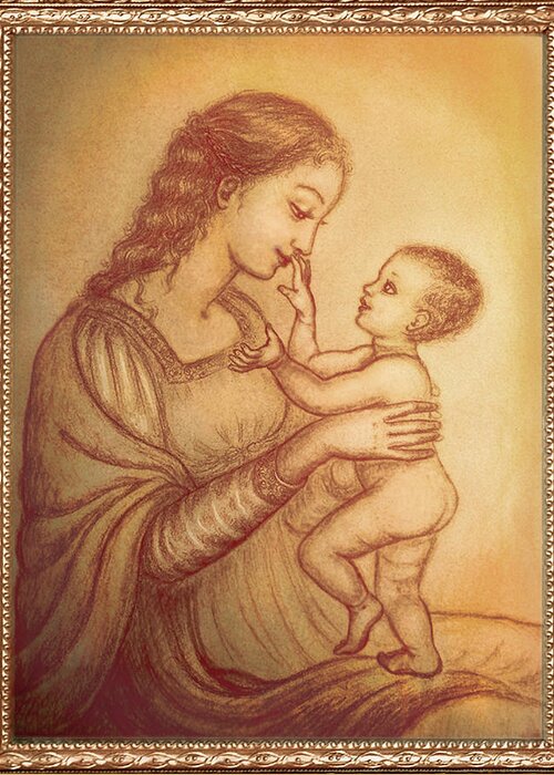Madonna And Child Greeting Card featuring the mixed media Mother playing with her child by Ananda Vdovic