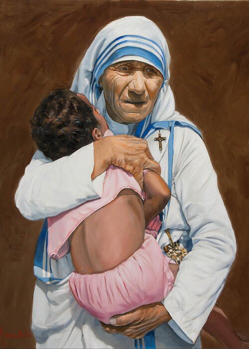 Mother Teresa Greeting Card featuring the painting Mother Teresa holding a child by Dominique Amendola