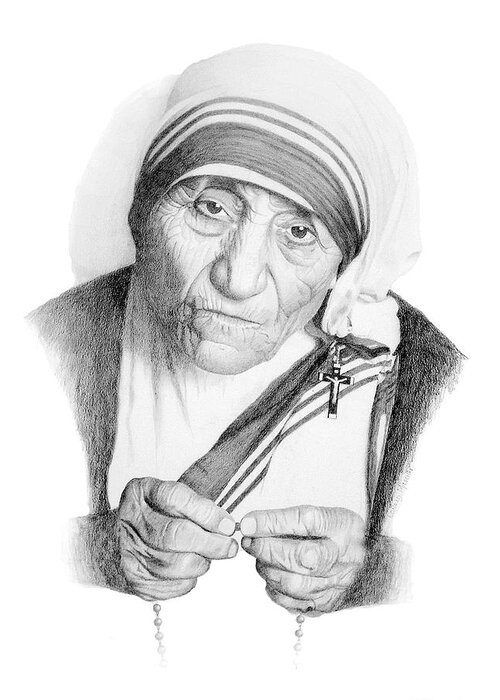 Portrait Greeting Card featuring the drawing Mother Theresa by Conrad Mieschke