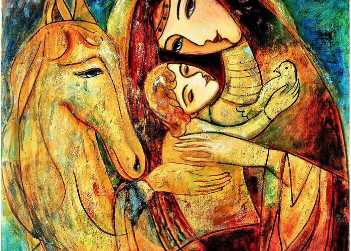 Mother And Child Greeting Card featuring the painting Mother with Child on horse by Shijun Munns