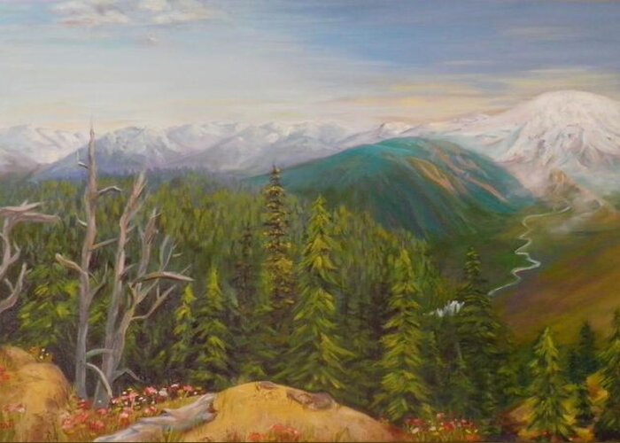 Cascades Greeting Card featuring the painting Mount Rainier Early Morning Cascades Washington by Sharon Casavant