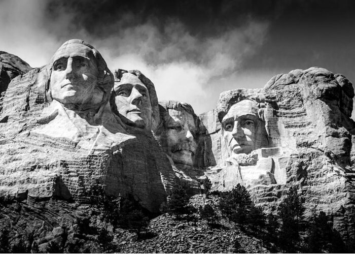 Mount Rushmore National Memorial In Black & White. Mount Rushmore Greeting Card featuring the photograph Mount Rushmore National Memorial in Black and White by Debra Martz