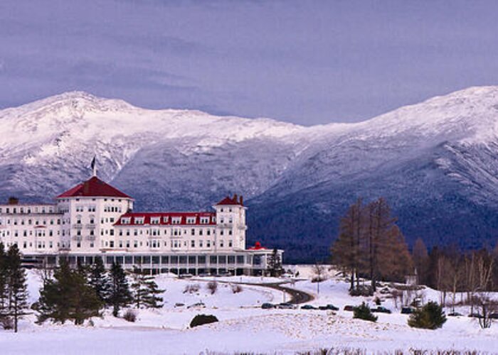 Hotel Greeting Card featuring the photograph Mount Washington Hotel Winter Pano by Jeff Sinon