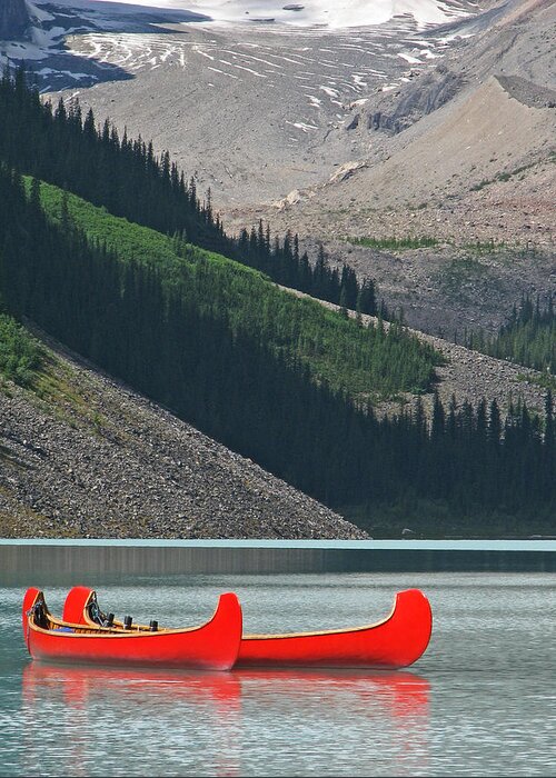 Red Greeting Card featuring the photograph Mountain Canoes by Marcia Socolik