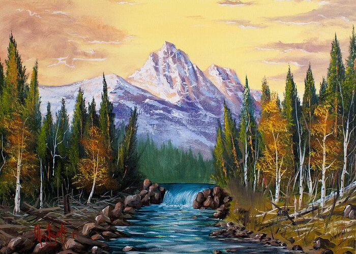 Landscape Greeting Card featuring the painting Mountain Oasis by Alex Izatt