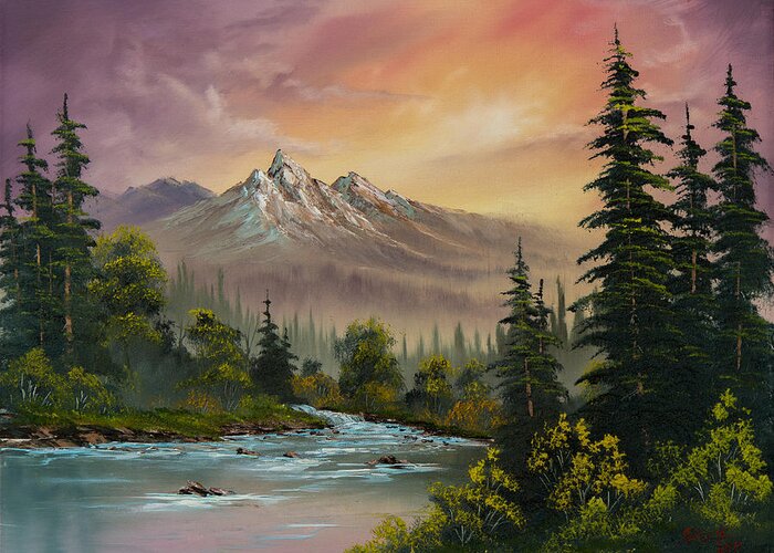 Landscape Greeting Card featuring the painting Mountain Sunset by Chris Steele