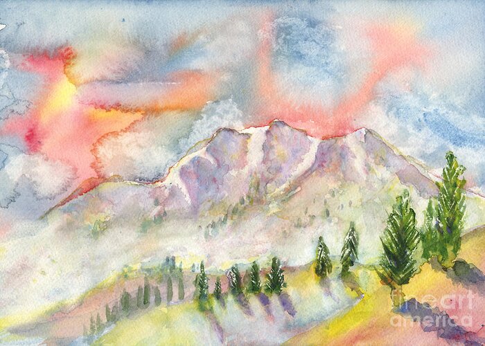 Mountains Greeting Card featuring the painting Mountain Sunset by Walt Brodis