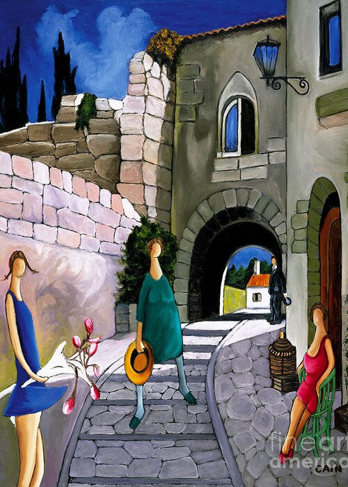 Mediterranean Village Life Greeting Card featuring the painting MOUNTAIN VILLAGE Art print by William Cain
