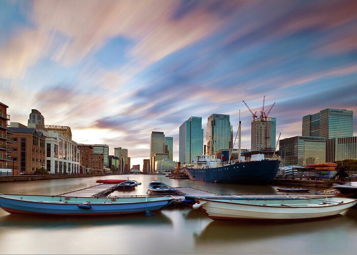 Canary Wharf Greeting Card featuring the photograph Moving Skies At Canary Wharf by Esslingerphoto.com