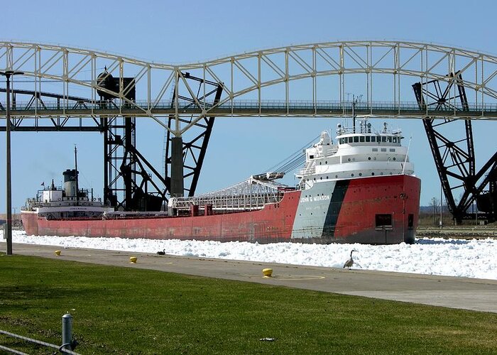 Great Lakes Greeting Card featuring the photograph Moving through the ice to the Soo Locks by Keith Stokes