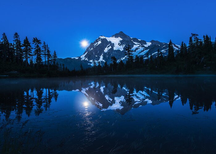 Full Moon Greeting Card featuring the photograph Mt.Shuksan with Full moon by Hisao Mogi