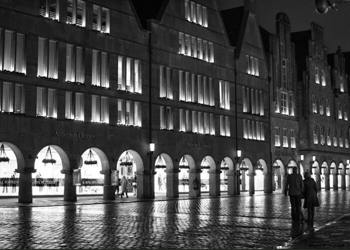 Greeting Card featuring the photograph Cobblestone Night Walk in the Town by Miguel Winterpacht
