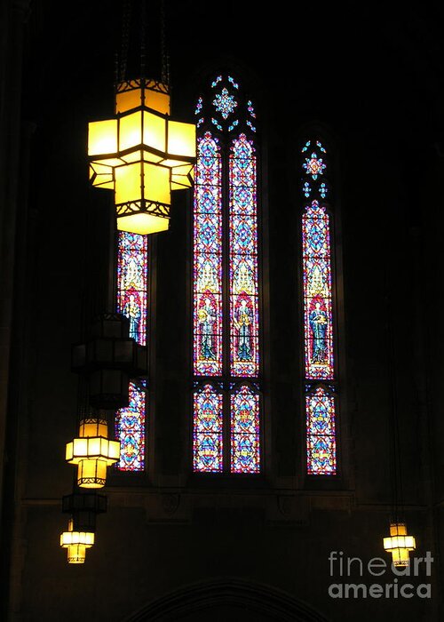 Muhlenberg College Greeting Card featuring the photograph Egner Memorial Chapel Windows and Tudor Luminaries by Jacqueline M Lewis