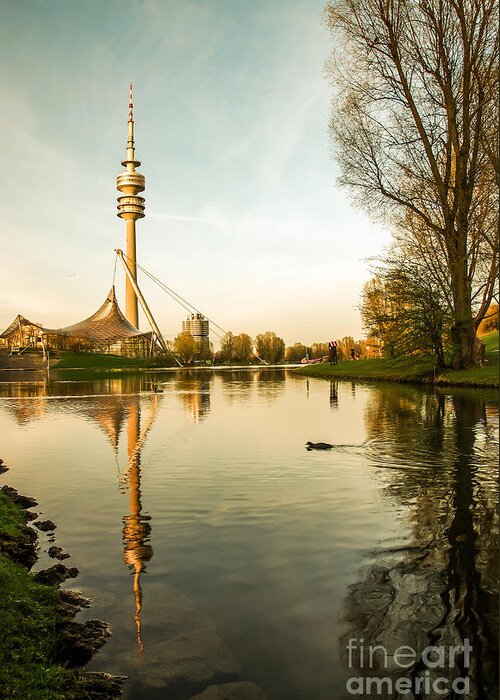 Architecture Greeting Card featuring the photograph Munich - Olympiapark - Vintage by Hannes Cmarits