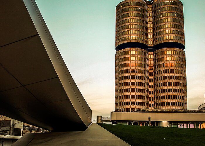 Architecture Greeting Card featuring the photograph munich - BMW office - vintage by Hannes Cmarits