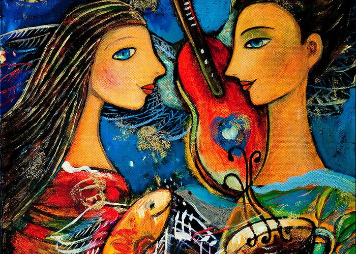Shijun Greeting Card featuring the painting Music Lovers by Shijun Munns