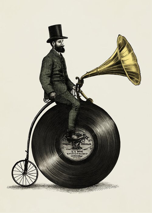Music Vintage Vinyl Record Victorian Top Hat Gramophone Victrola Nostalgic Cycling Penny Farthing Moustache Greeting Card featuring the drawing Music Man by Eric Fan