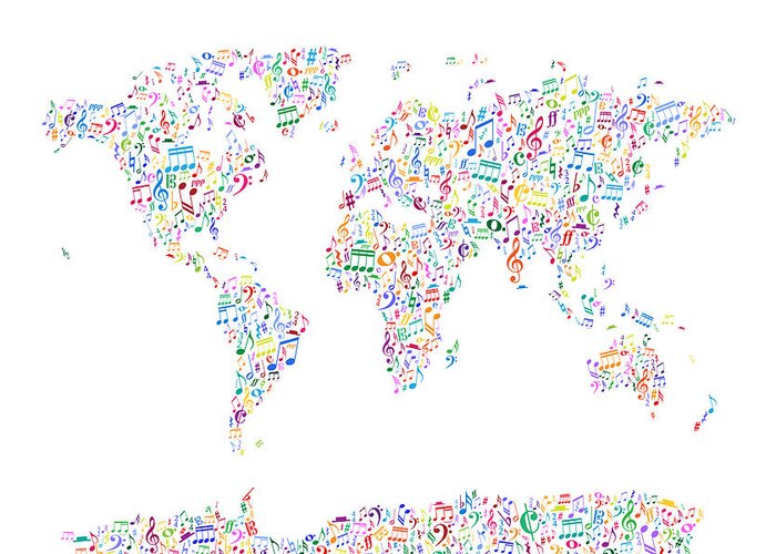 World Map Greeting Card featuring the digital art Music Notes Map of the World by Michael Tompsett