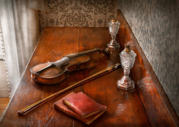 Savad Greeting Card featuring the photograph Music - Violin - A sound investment by Mike Savad