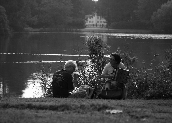 Music Greeting Card featuring the photograph Musicians By The Pond by Aidan Moran