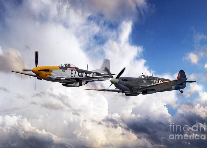P51d Greeting Card featuring the digital art Mustang and Spitfire by Airpower Art